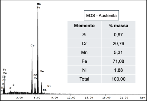 Análise química por EDS da microestrutura da fase Austenita no Lean Duplex S32101