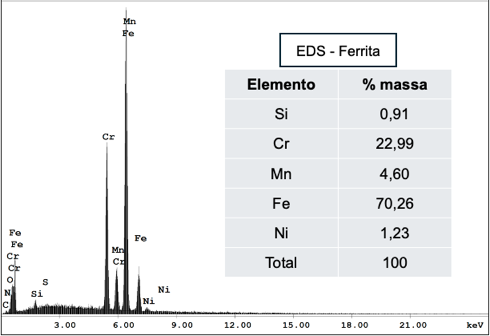 Análise química por EDS da microestrutura da fase Ferrita no Lean Duplex S32101