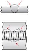 Diagramas de seção transversal com setas indicando mordeduras nas margens do cordão de solda