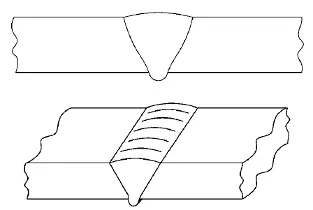 Diagrama de seção transversal e vista isométrica mostrando metal de solda escorrido abaixo da raiz da junta por penetração excessiva